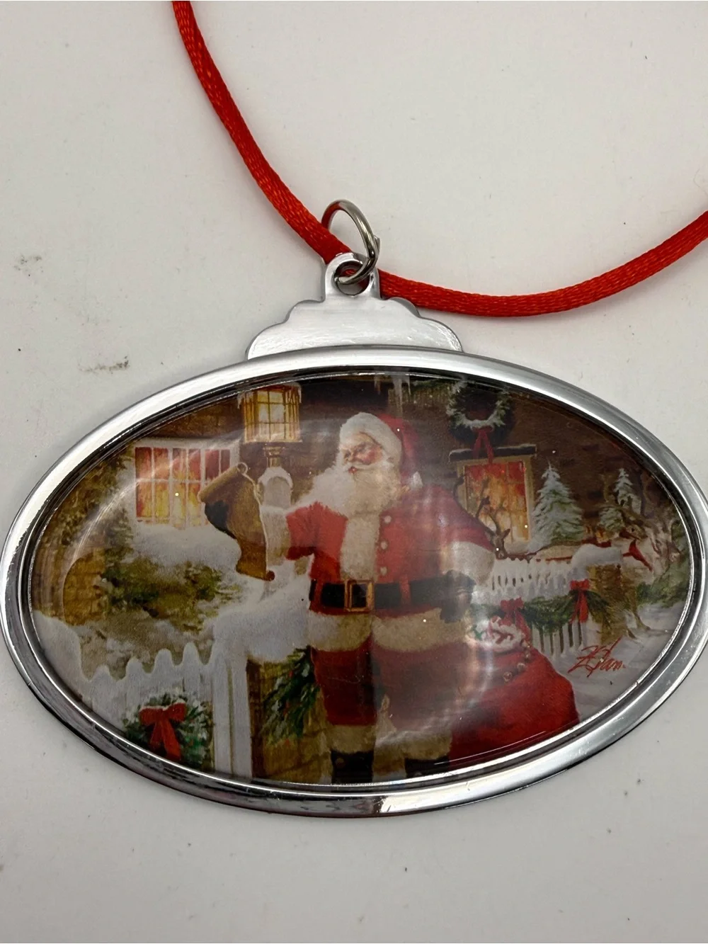 Coca Cola Oval Santa Metal Ornaments with Red Cords
